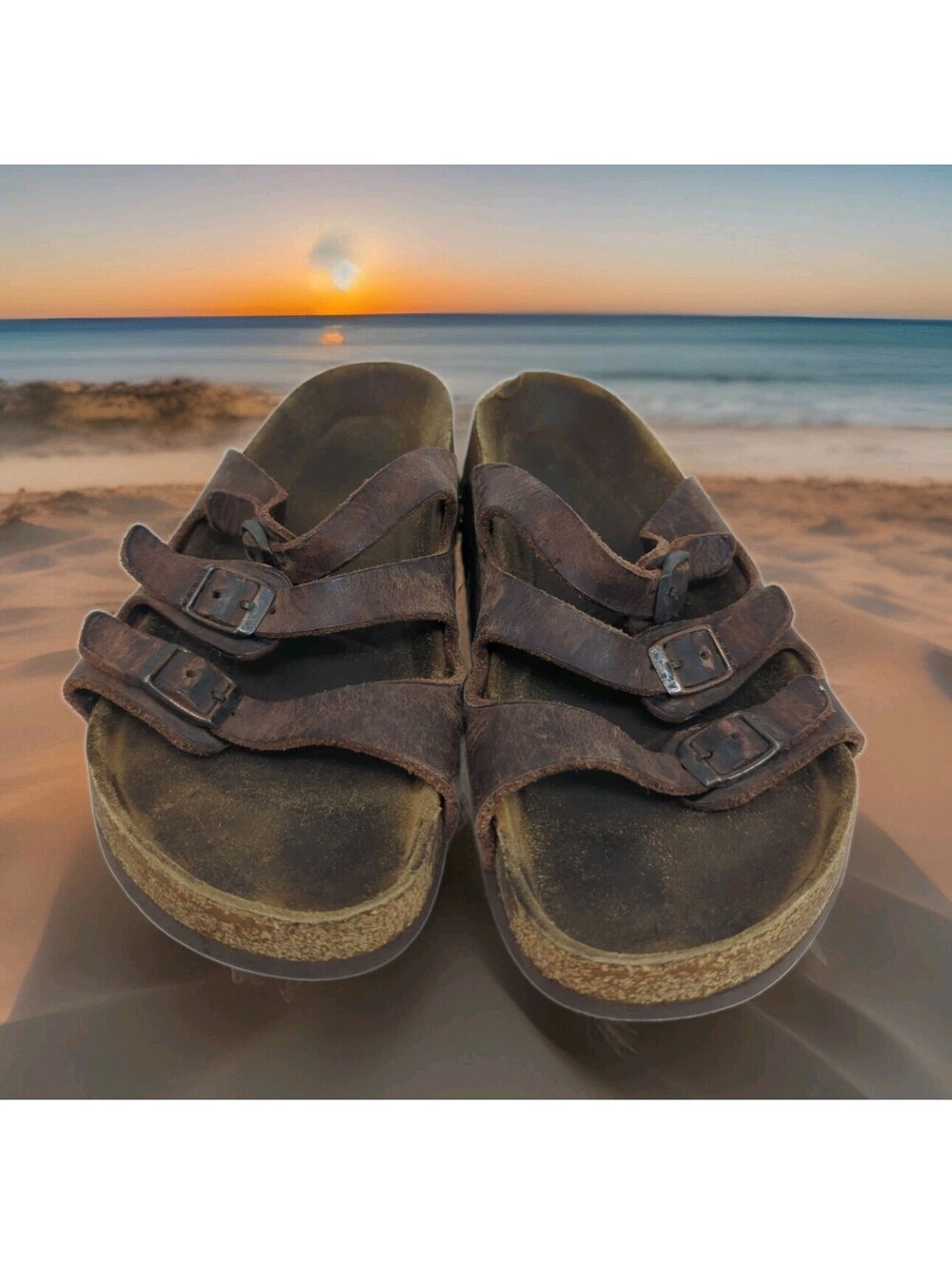 Birkenstock Florida Sandals 3 Strap Leather Brown Womens Size 7.5-8 38 Sole Wear